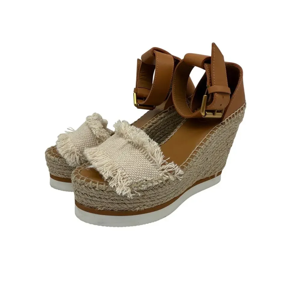 See by Chloé Glyn Leather Canvas Espadrille Wedge Sandals Tan Ivory Women's EU36